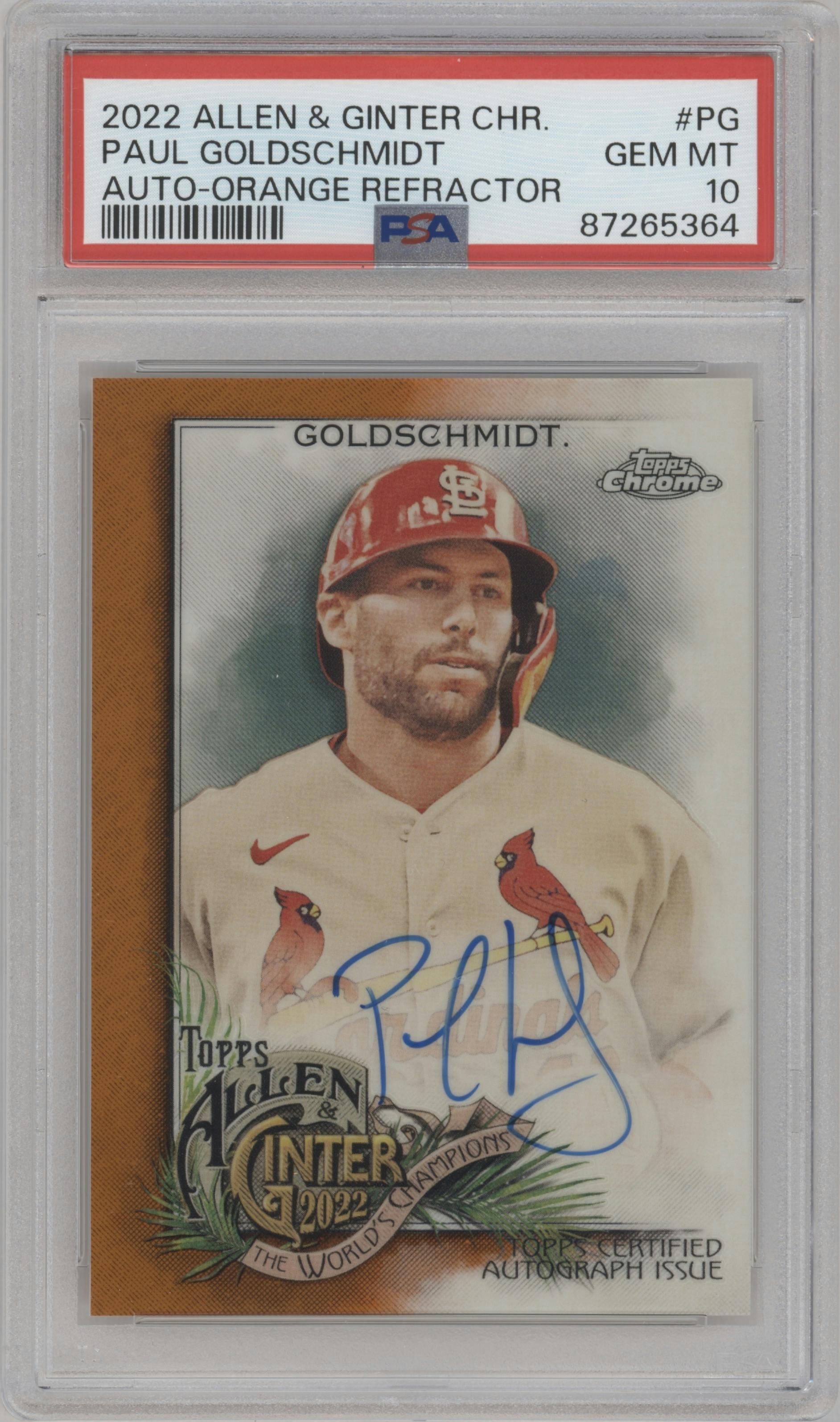 Paul Goldschmidt from the 2022 Topps Allen & Ginter Chrome set featuring a Orange Refractor parallel graded by PSA and given an overall grade of 10.