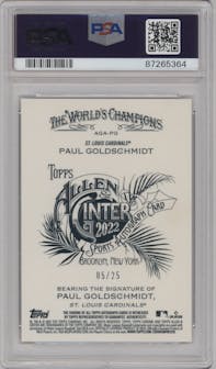 Paul Goldschmidt from the 2022 Topps Allen & Ginter Chrome set featuring a Orange Refractor parallel graded by PSA and given an overall grade of 10.