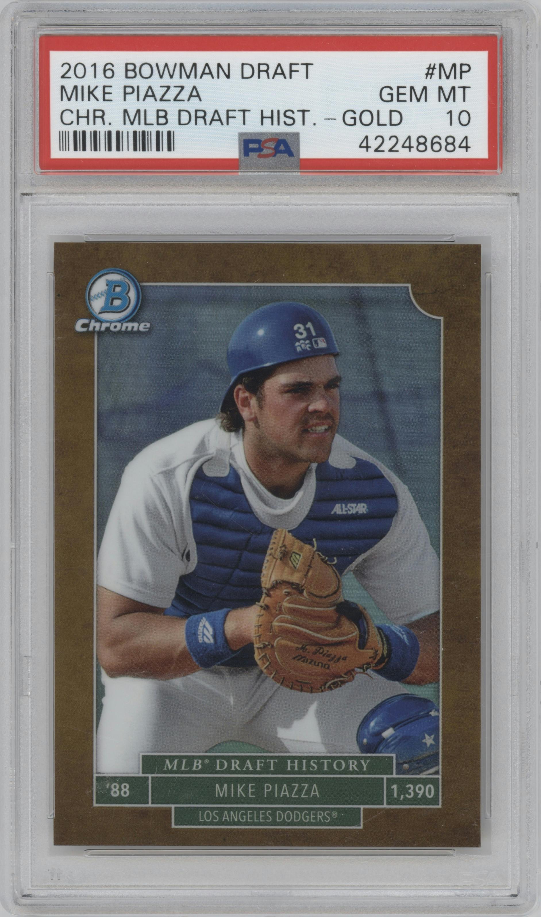 Mike Piazza from the 2016 Bowman Draft set featuring a Gold parallel graded by PSA and given an overall grade of 10.