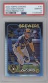 Jackson Chourio from the 2024 Topps Chrome set featuring a Prism Refractor parallel graded by PSA and given an overall grade of 10.