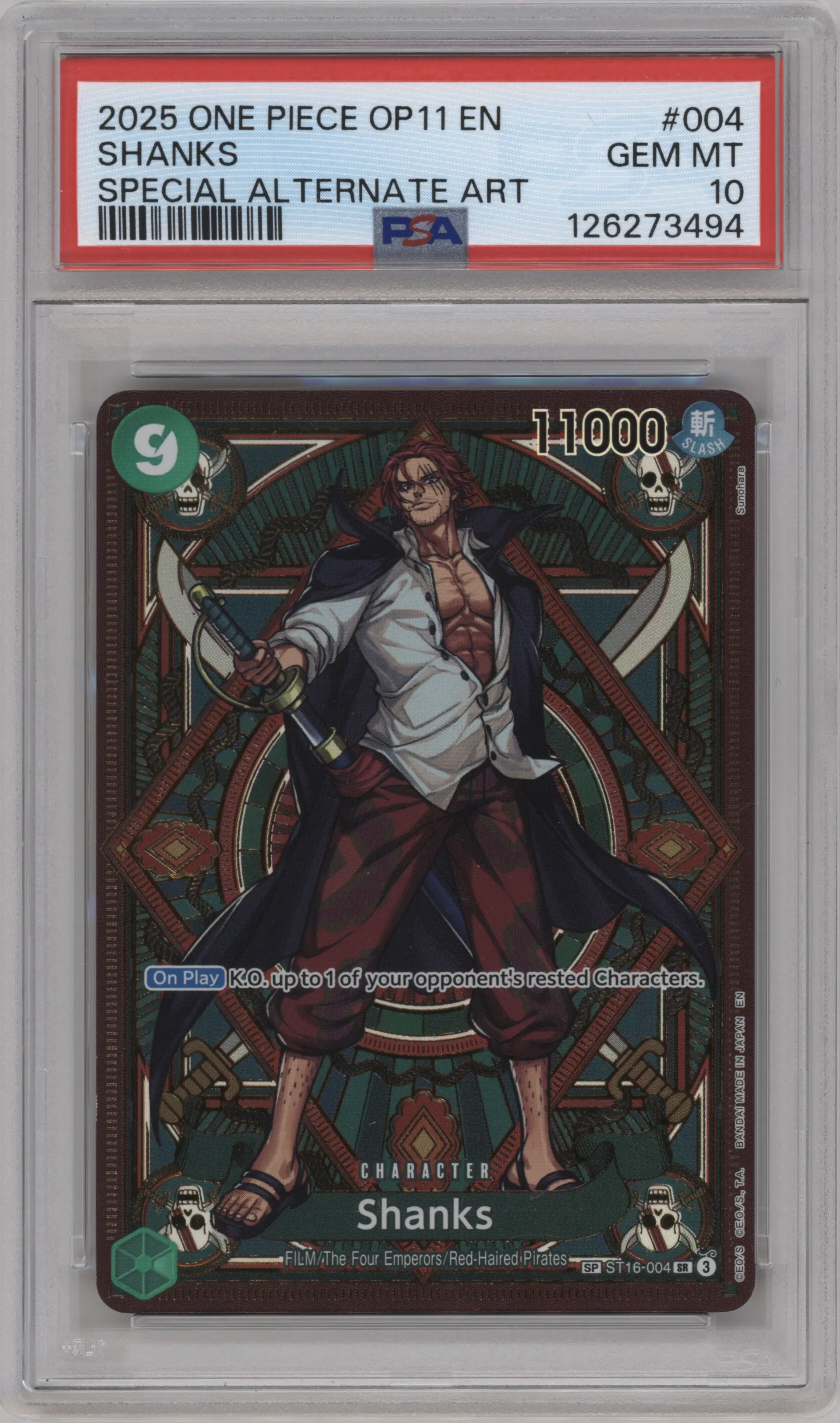 2025 One Piece A Fist of Divine Speed Shanks Alternate Art ST16-004 SR #SP ST16-004 SR PSA 10