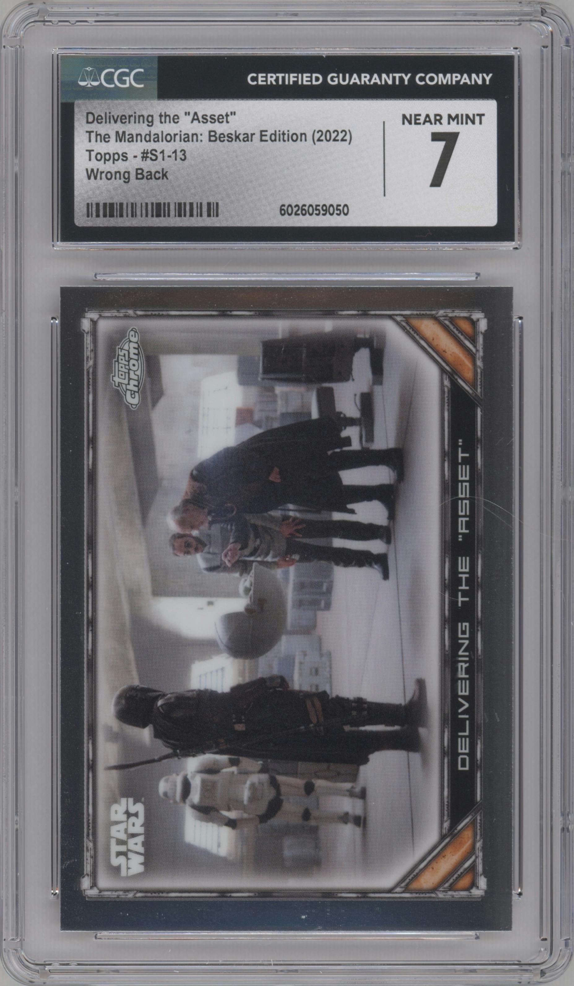 Delivering the "Asset" from the 2022 Topps Chrome Star Wars The Mandalorian Beskar Edition set featuring a Wrong Back parallel graded by CSG and given an overall grade of 7.