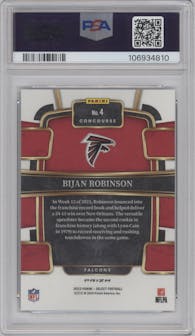 Bijan Robinson from the 2023 Panini Select set featuring a Dragon Scale parallel graded by PSA and given an overall grade of 10.