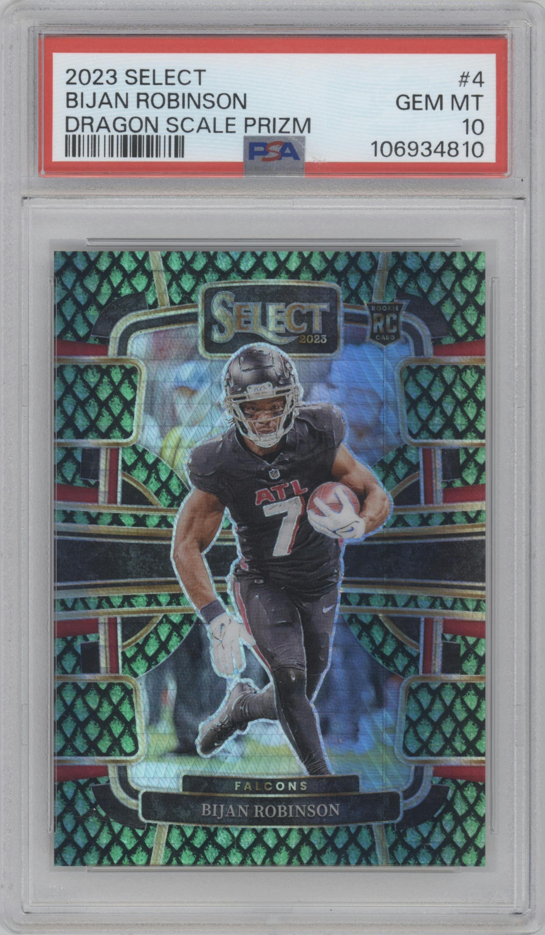 Bijan Robinson from the 2023 Panini Select set featuring a Dragon Scale parallel graded by PSA and given an overall grade of 10.
