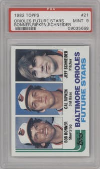 Bob Bonner/Cal Ripken/Jeff Schneider  from the 1982 Topps set graded by PSA and given an overall grade of 9.