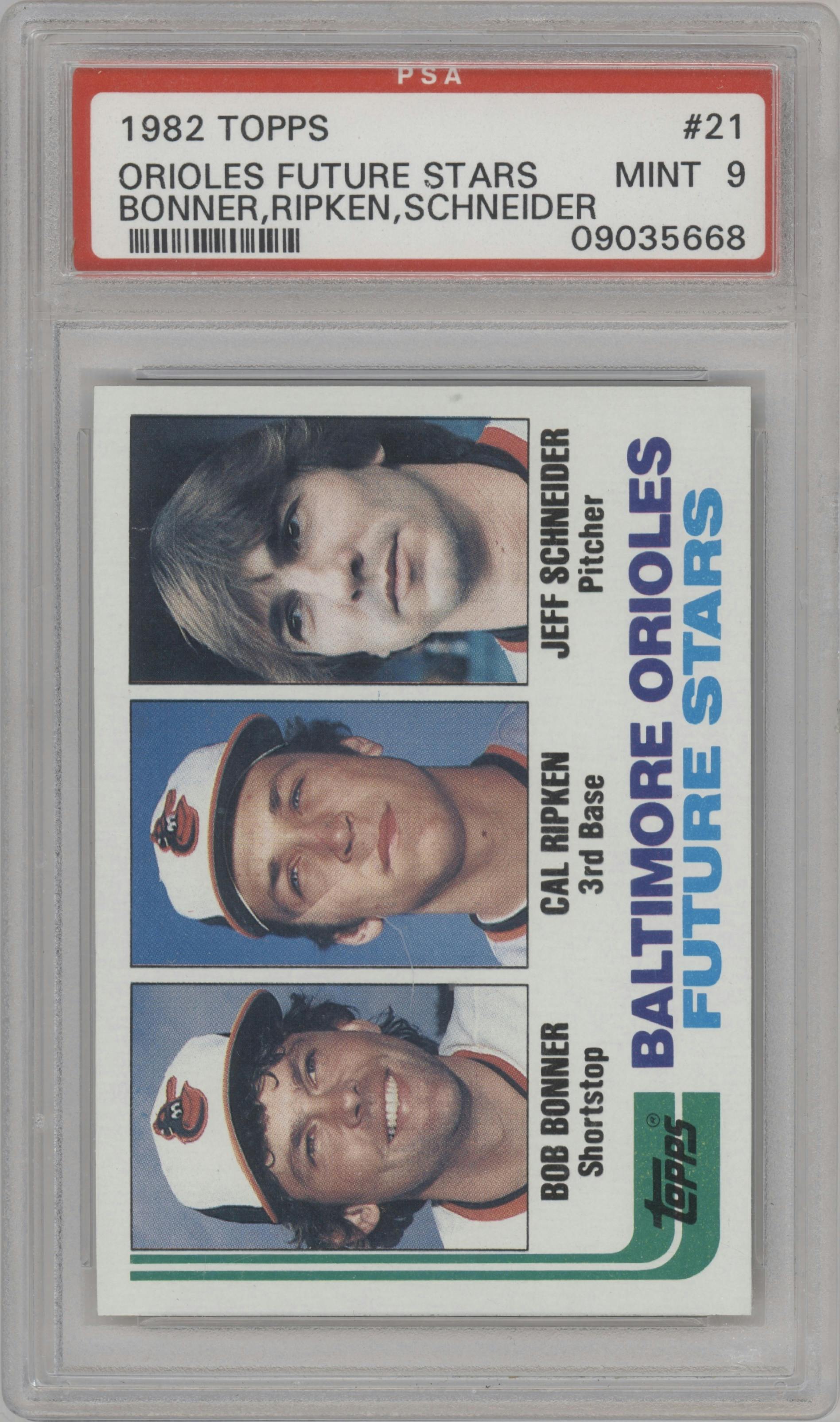 Bob Bonner/Cal Ripken/Jeff Schneider  from the 1982 Topps set graded by PSA and given an overall grade of 9.