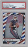 Michael Penix Jr. from the 2024 Panini Prizm set featuring a Red White Blue Prizm parallel graded by PSA and given an overall grade of 9.