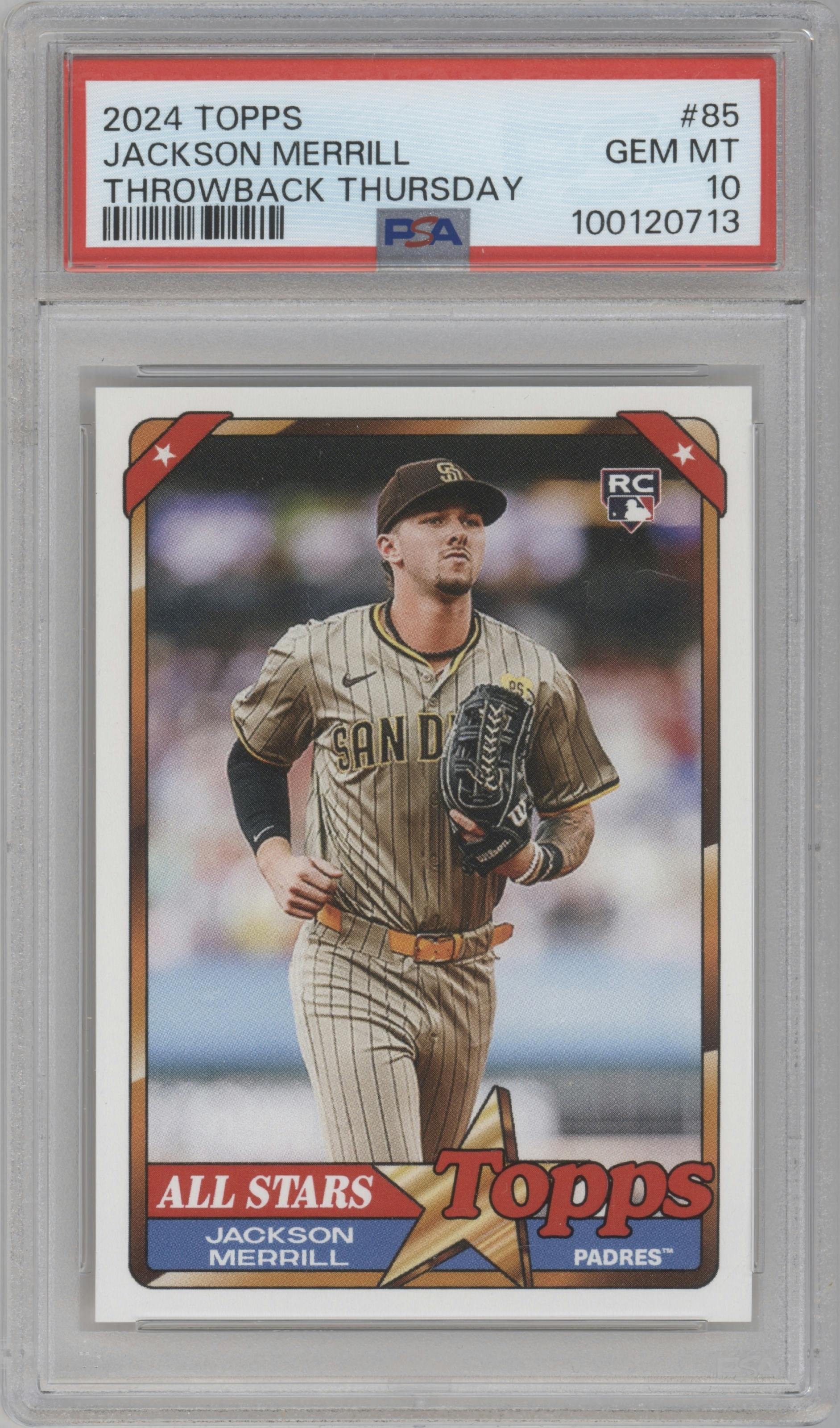 Jackson Merrill from the 2024 Topps Throwback Thursday set graded by PSA and given an overall grade of 10.