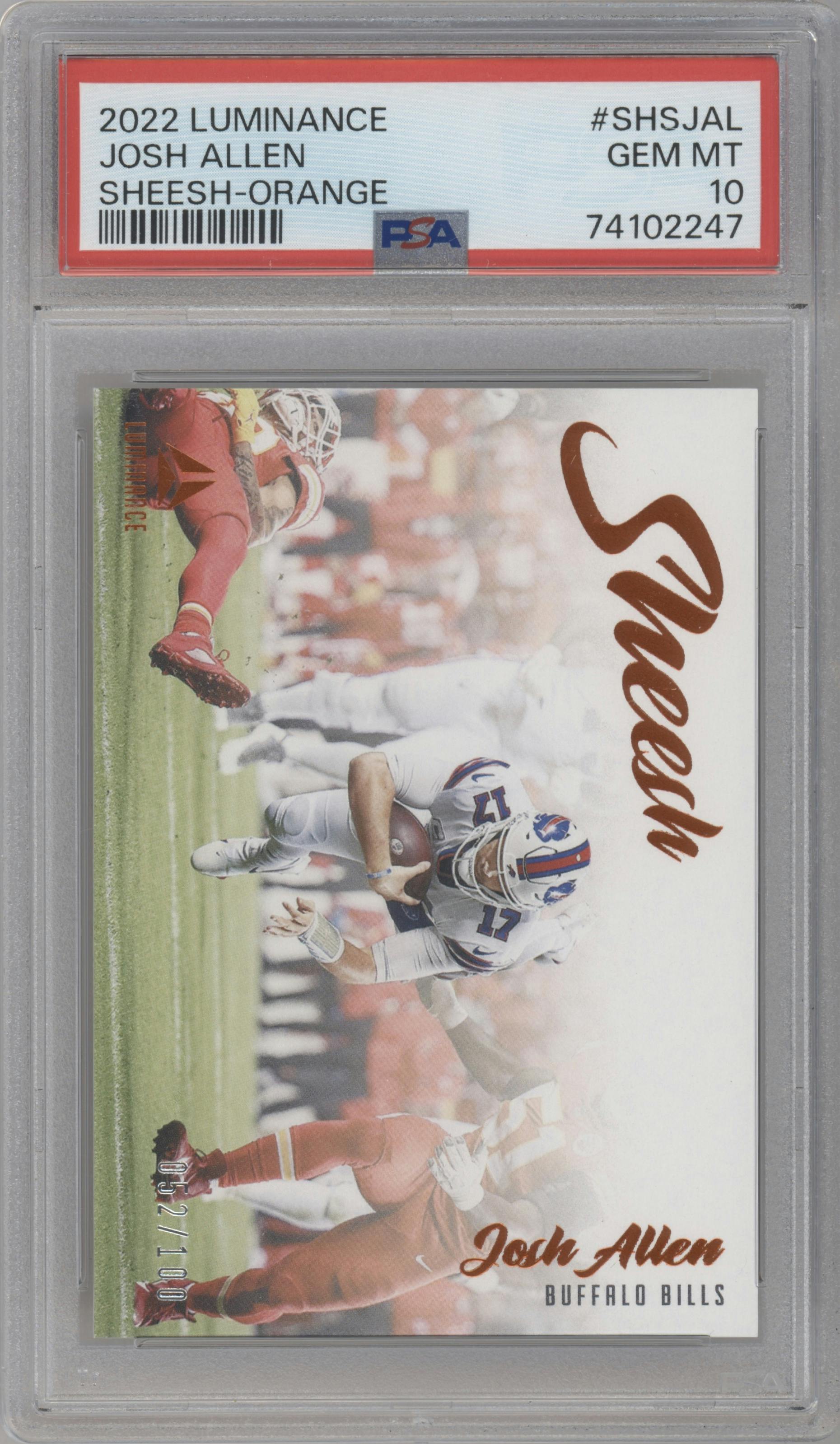 Josh Allen from the 2022 Panini Luminance set featuring a Orange parallel graded by PSA and given an overall grade of 10.