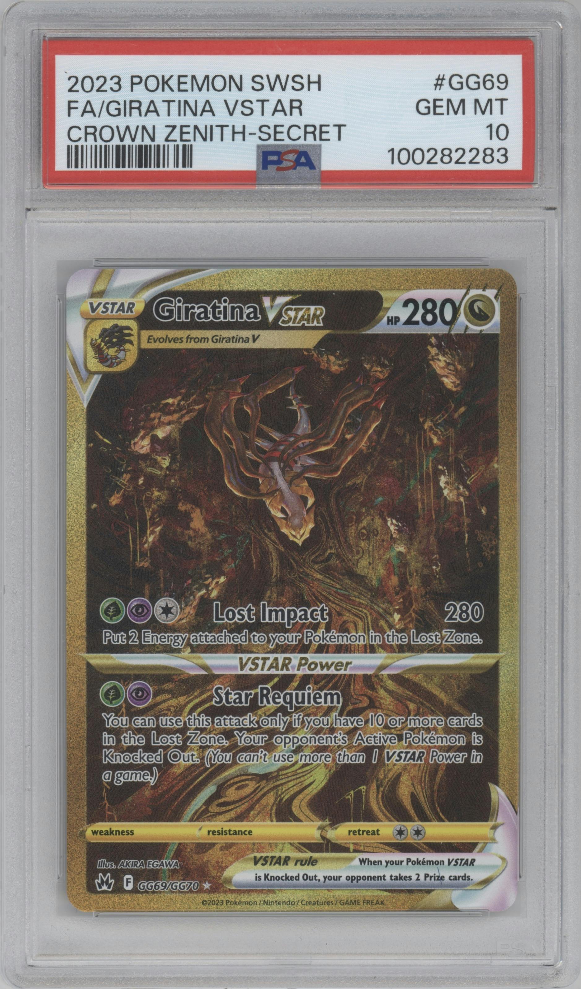 Giratina VSTAR from the 2023 Pokemon SWSH set graded by PSA and given an overall grade of 10.