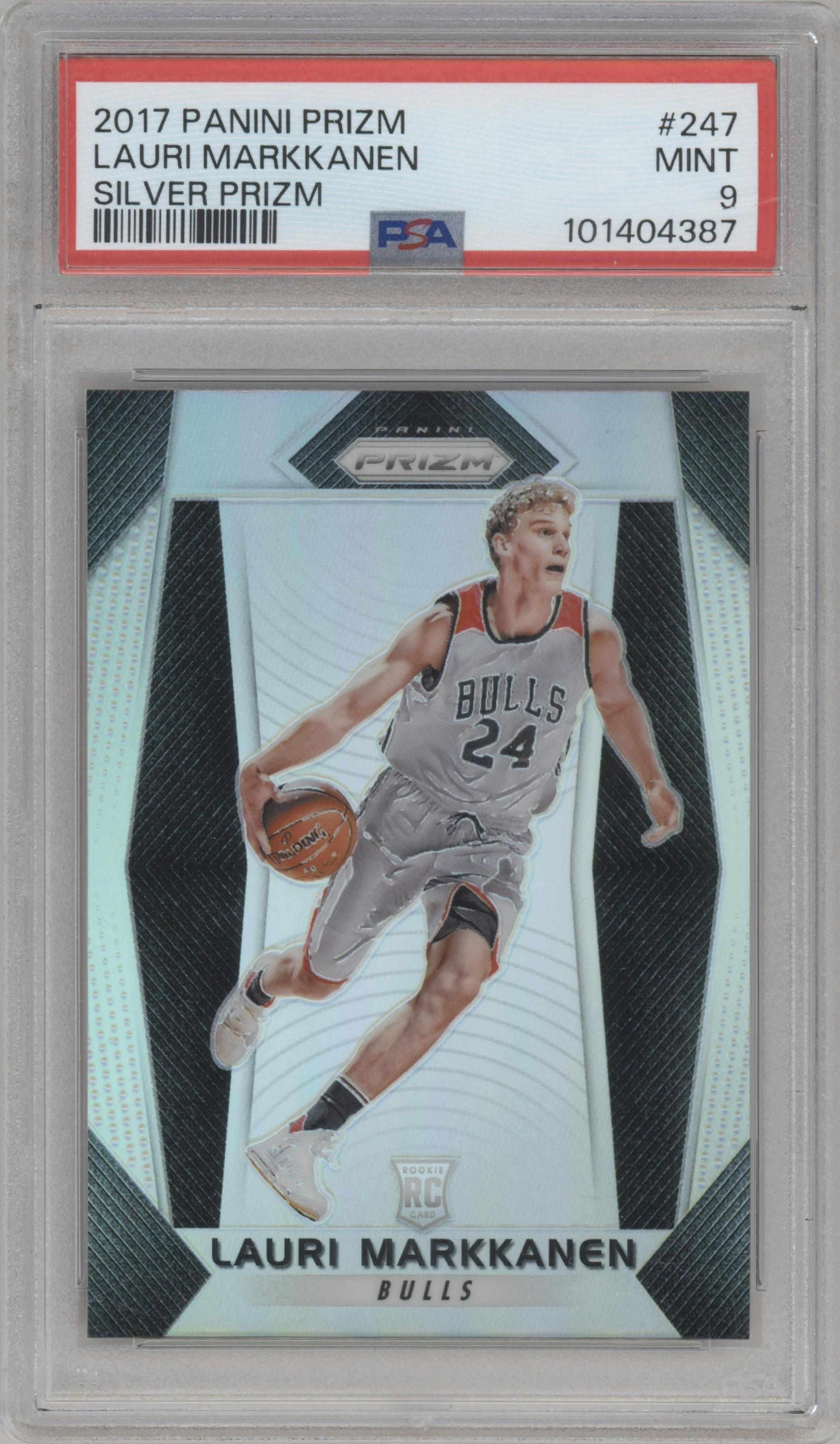 Lauri Markkanen from the 2017-18 Panini Prizm  set featuring a Silver Prizm parallel graded by PSA and given an overall grade of 9.