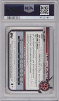 Ceddanne Rafaela from the 2022 Bowman Chrome set featuring a Refractor parallel graded by PSA and given an overall grade of 10.