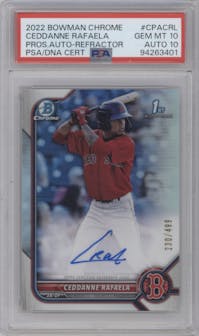 Ceddanne Rafaela from the 2022 Bowman Chrome set featuring a Refractor parallel graded by PSA and given an overall grade of 10.