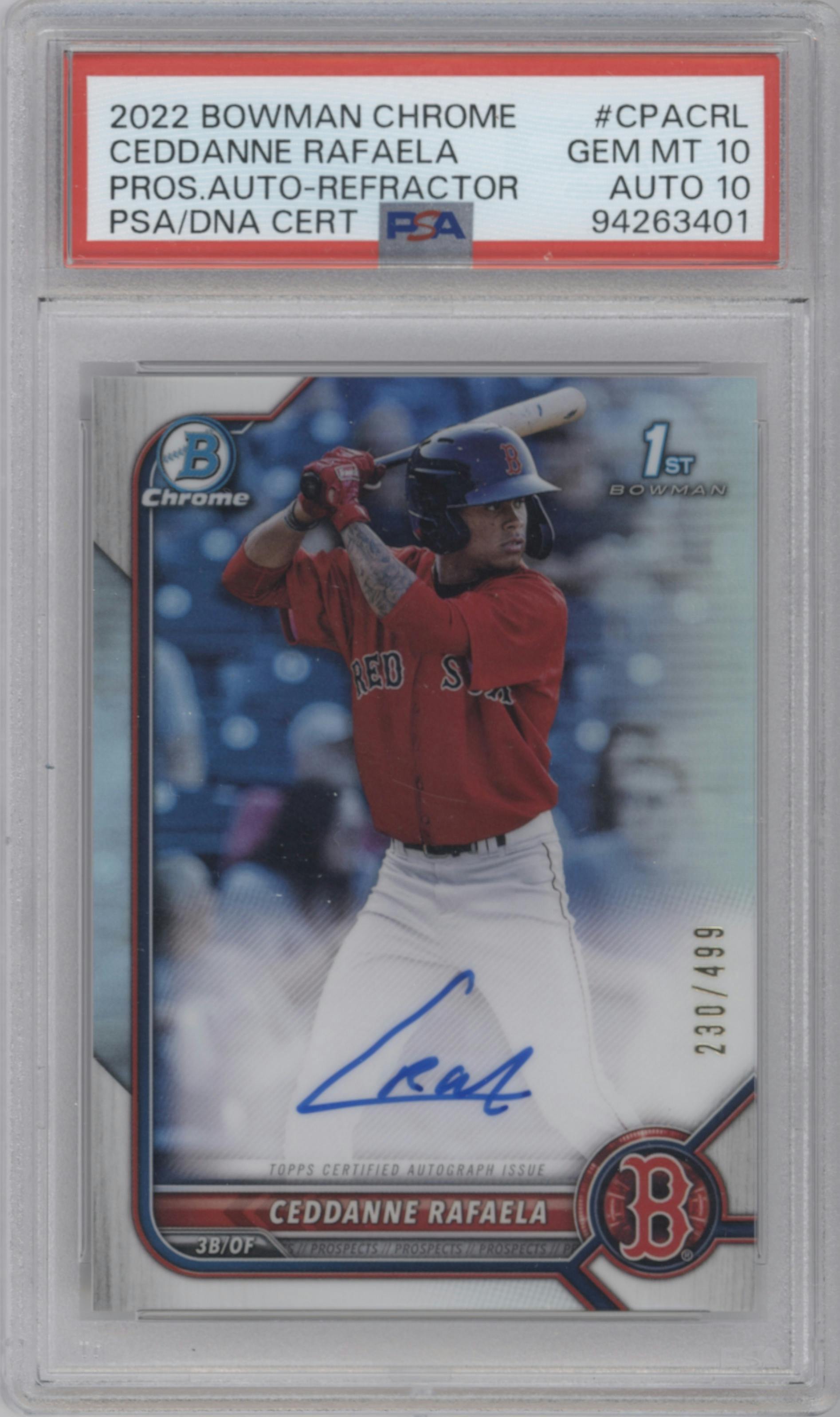 Ceddanne Rafaela from the 2022 Bowman Chrome set featuring a Refractor parallel graded by PSA and given an overall grade of 10.