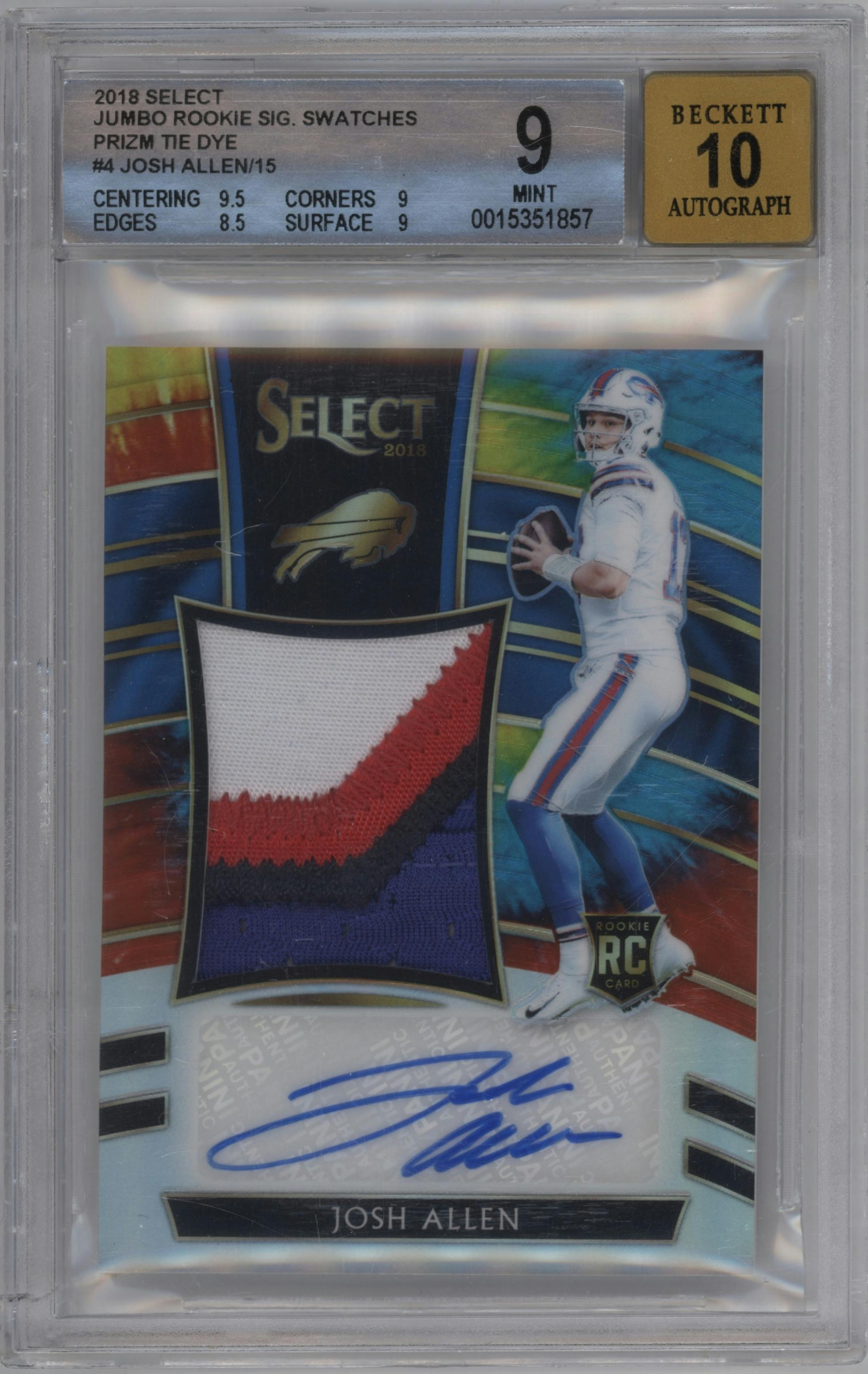 Josh Allen from the 2018 Panini Select set featuring a Tie-Dye parallel graded by Beckett and given an overall grade of 9.
