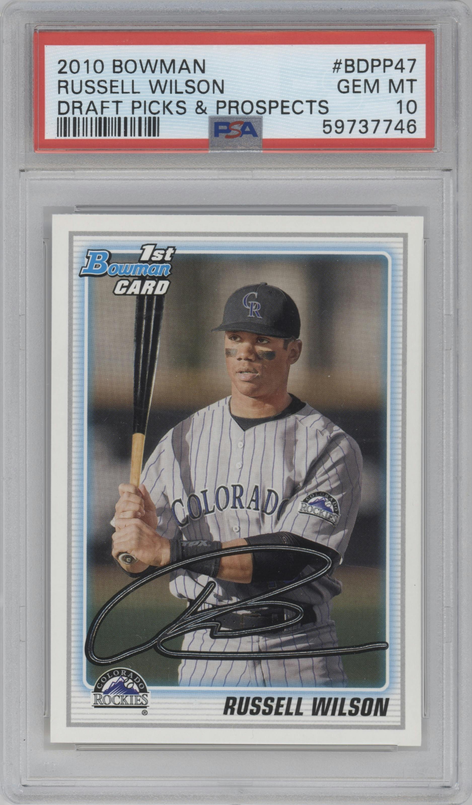 Russell Wilson from the 2010 Bowman Draft set graded by PSA and given an overall grade of 10.