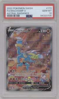 Machamp V from the 2022 Pokemon SWSH set graded by PSA and given an overall grade of 10.