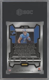 Sam LaPorta from the 2023 Panini Prizm set graded by SGC and given an overall grade of 10.