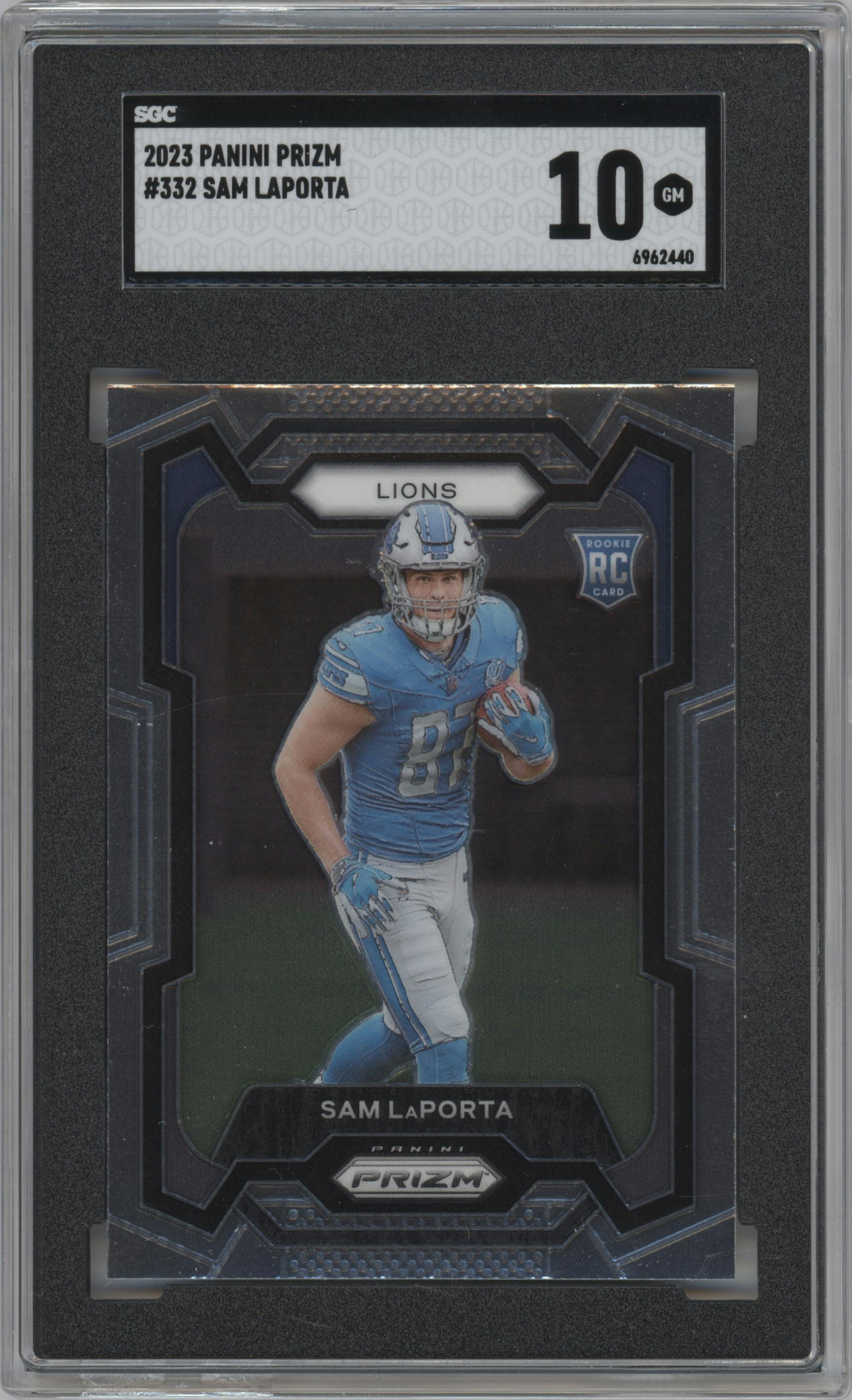 Sam LaPorta from the 2023 Panini Prizm set graded by SGC and given an overall grade of 10.
