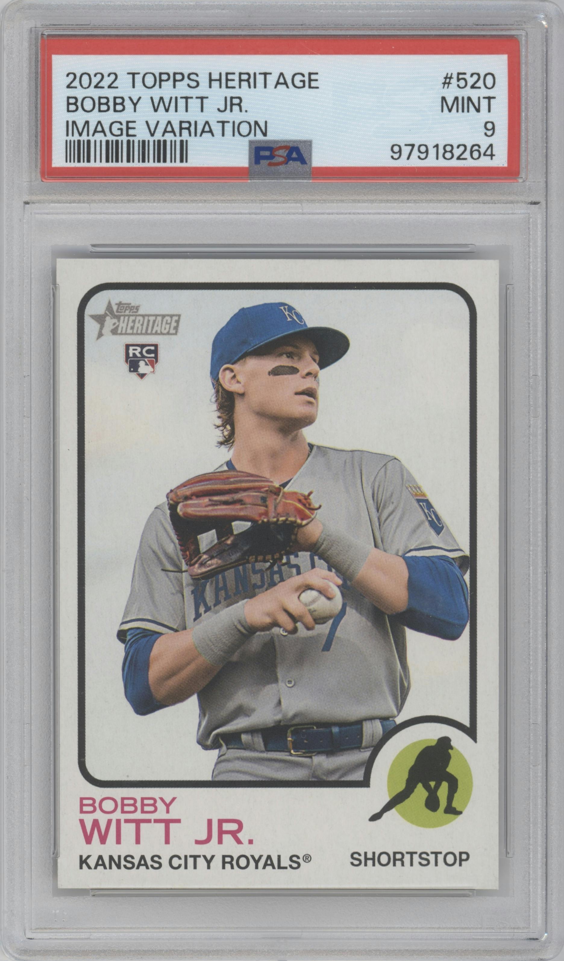 Bobby Witt Jr. from the 2022 Topps Heritage High Number set featuring a Image parallel graded by PSA and given an overall grade of 9.