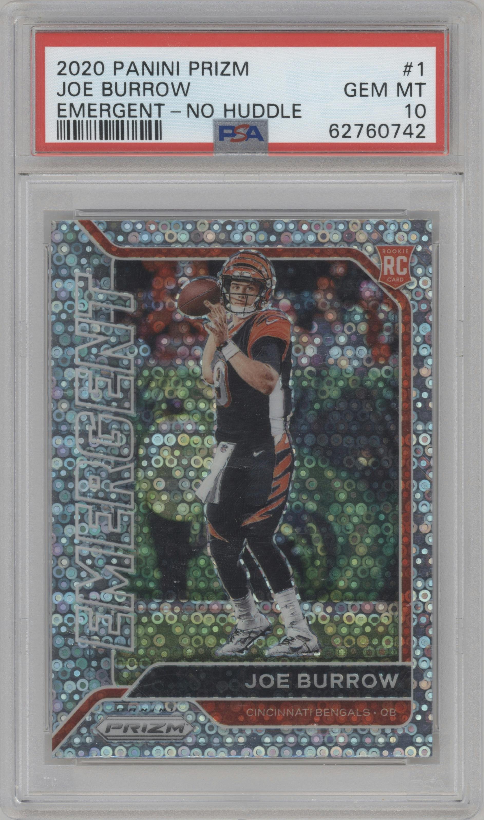 Joe Burrow from the 2020 Panini Prizm set featuring a No Huddle parallel graded by PSA and given an overall grade of 10.