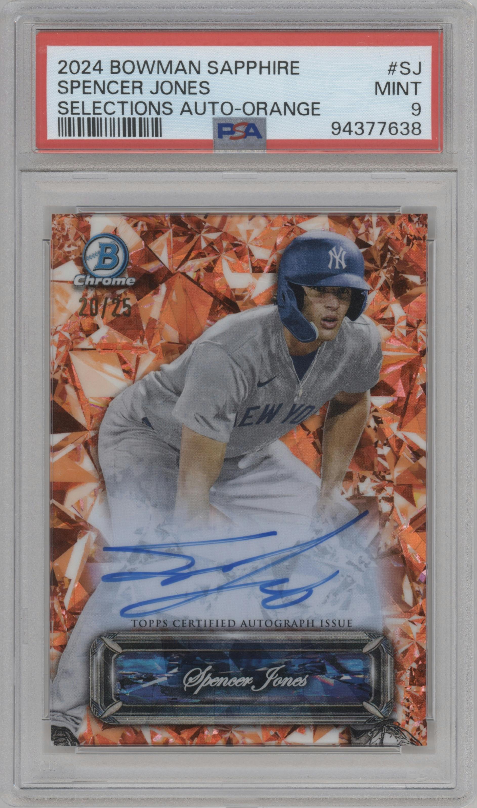 Spencer Jones from the 2024 Bowman Sapphire Edition set featuring a Orange Refractor parallel graded by PSA and given an overall grade of 9.