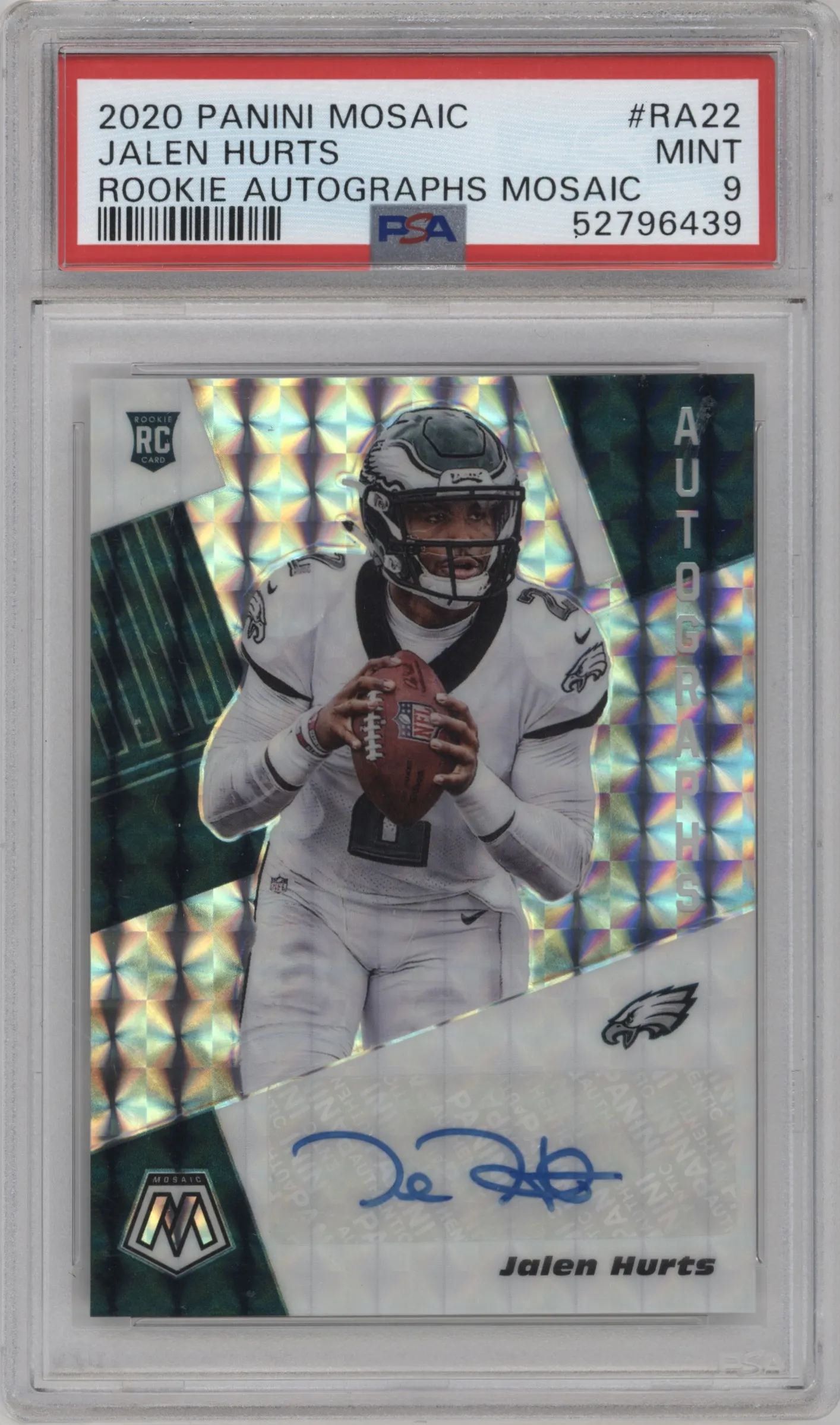 2020 Panini Mosaic Rke.Auto Jalen Hurts #RA22 PSA 9
