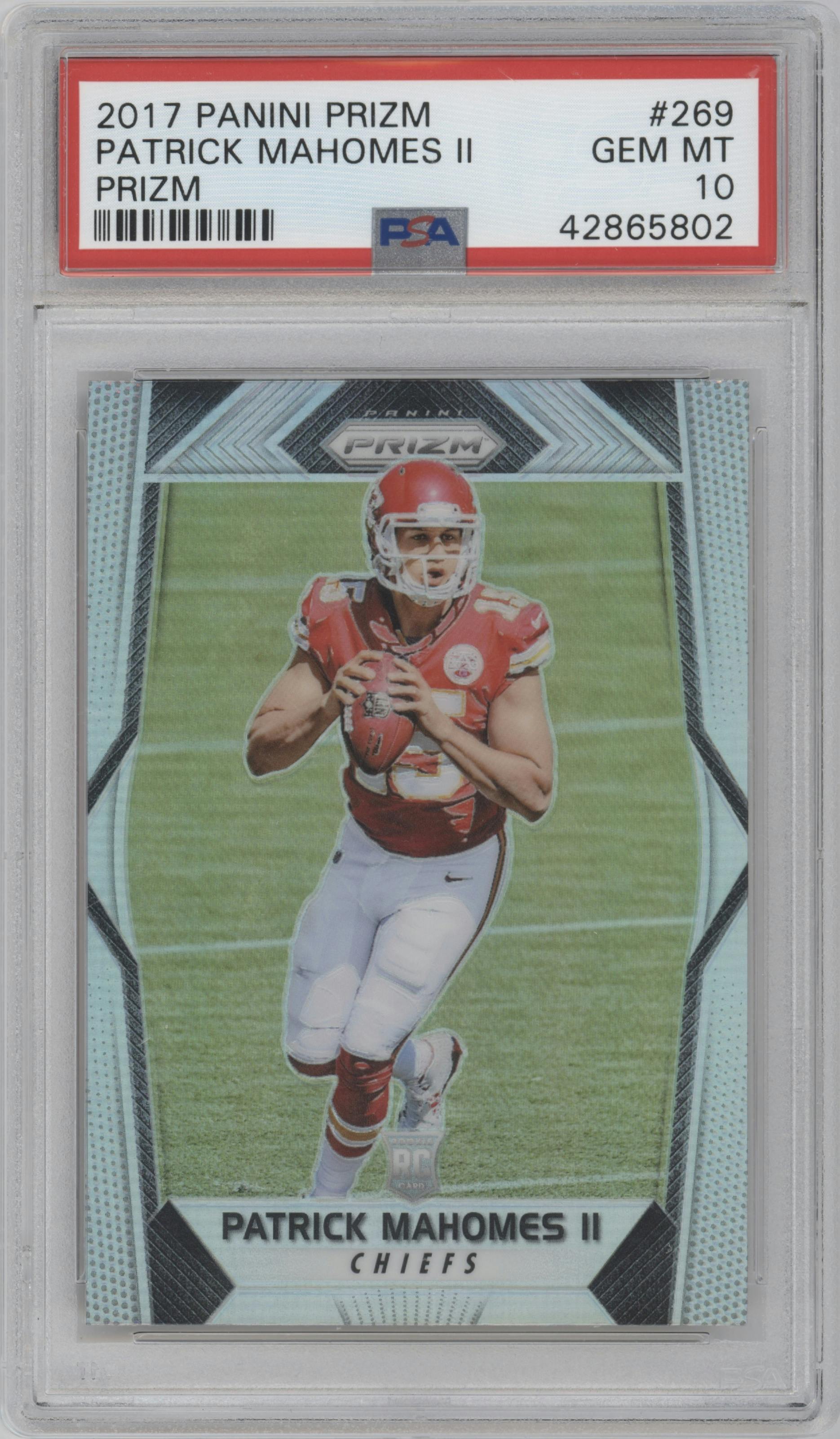 Patrick Mahomes II from the 2017 Panini Prizm set featuring a Prizm parallel graded by PSA and given an overall grade of 10.