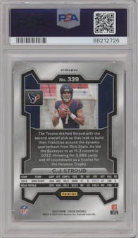C.J. Stroud from the 2023 Panini Prizm set featuring a Disco parallel graded by PSA and given an overall grade of 9.