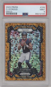 C.J. Stroud from the 2023 Panini Prizm set featuring a Disco parallel graded by PSA and given an overall grade of 9.
