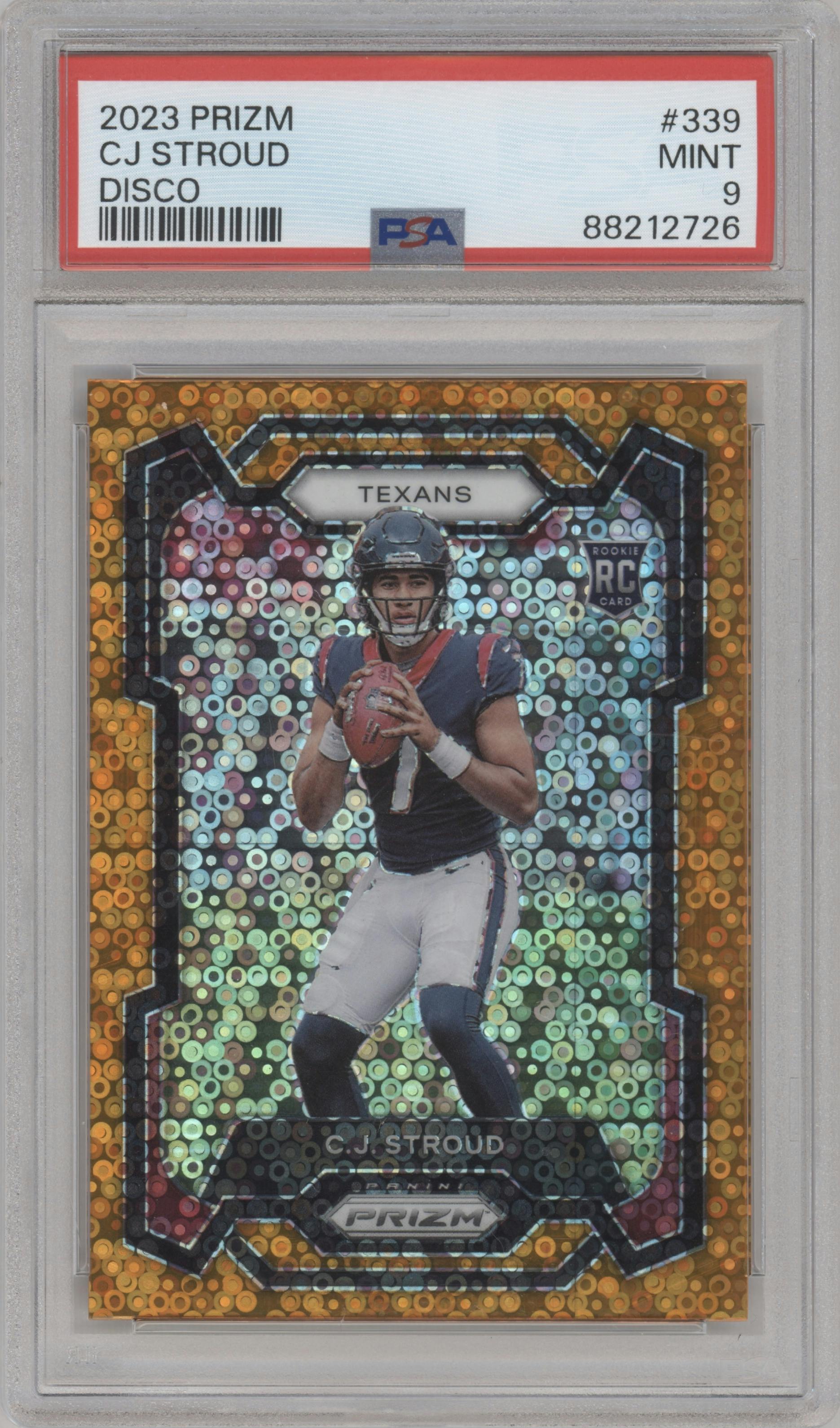 C.J. Stroud from the 2023 Panini Prizm set featuring a Disco parallel graded by PSA and given an overall grade of 9.