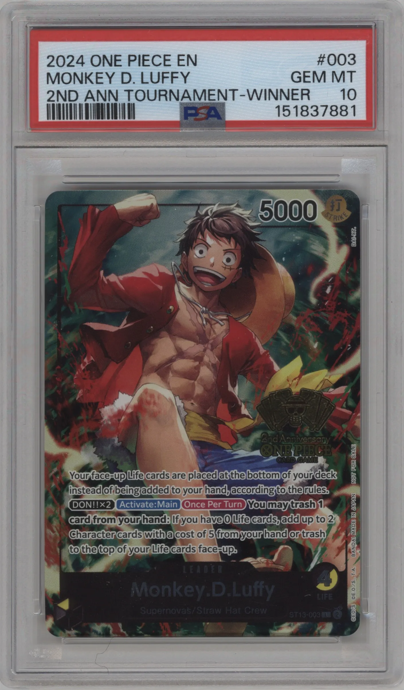2024 One Piece 2nd Anniv.Tournament Monkey.D.Luffy Winner PSA 10