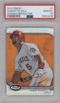 Albert Pujols from the 2012 Topps Finest set featuring a Orange Refractor parallel graded by PSA and given an overall grade of 10.