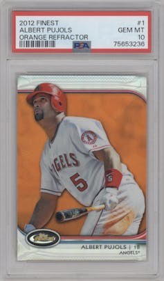 Albert Pujols from the 2012 Topps Finest set featuring a Orange Refractor parallel graded by PSA and given an overall grade of 10.