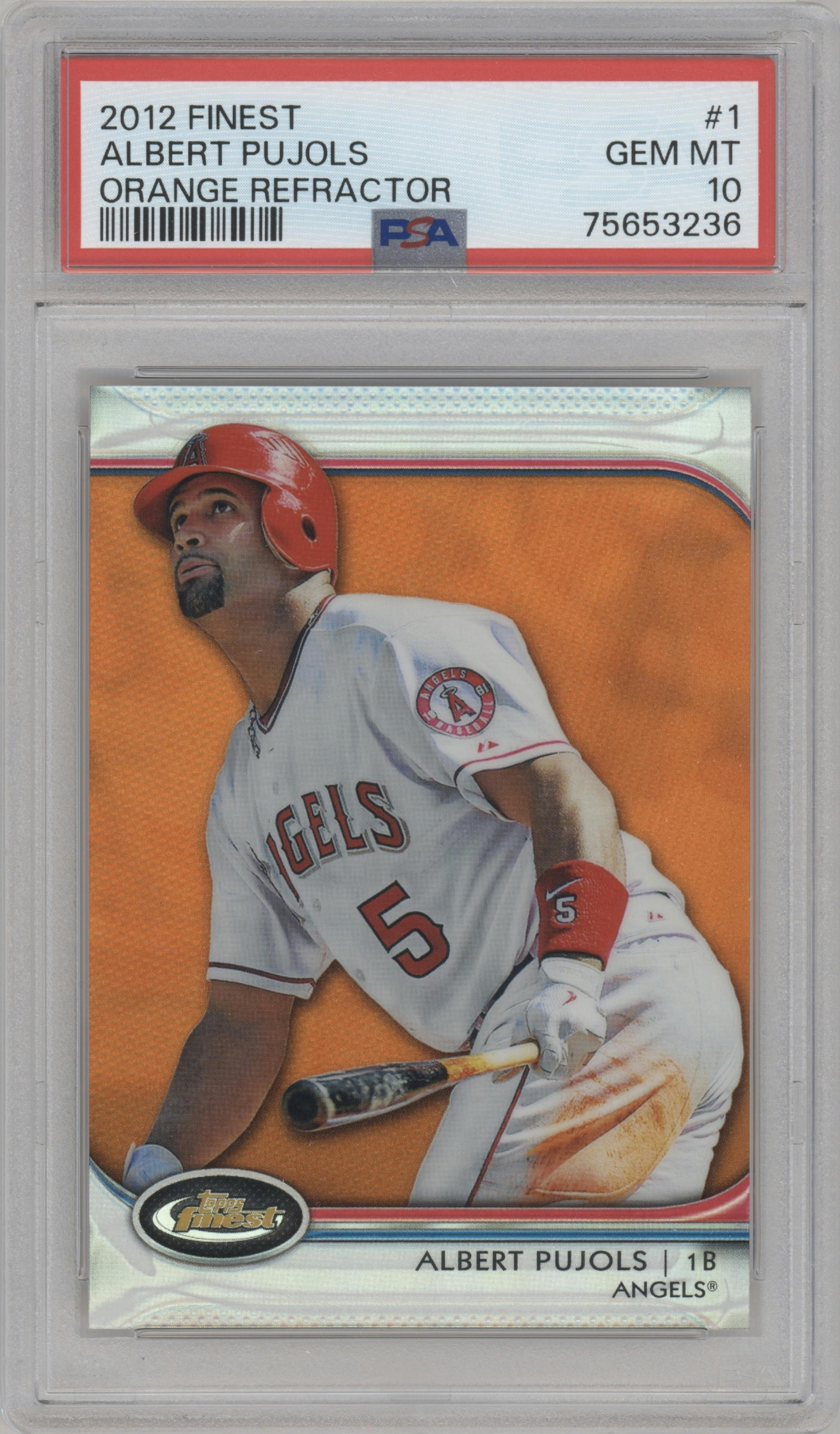 Albert Pujols from the 2012 Topps Finest set featuring a Orange Refractor parallel graded by PSA and given an overall grade of 10.