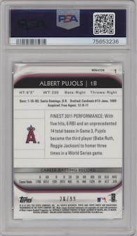 Albert Pujols from the 2012 Topps Finest set featuring a Orange Refractor parallel graded by PSA and given an overall grade of 10.