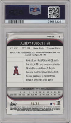 Albert Pujols from the 2012 Topps Finest set featuring a Orange Refractor parallel graded by PSA and given an overall grade of 10.