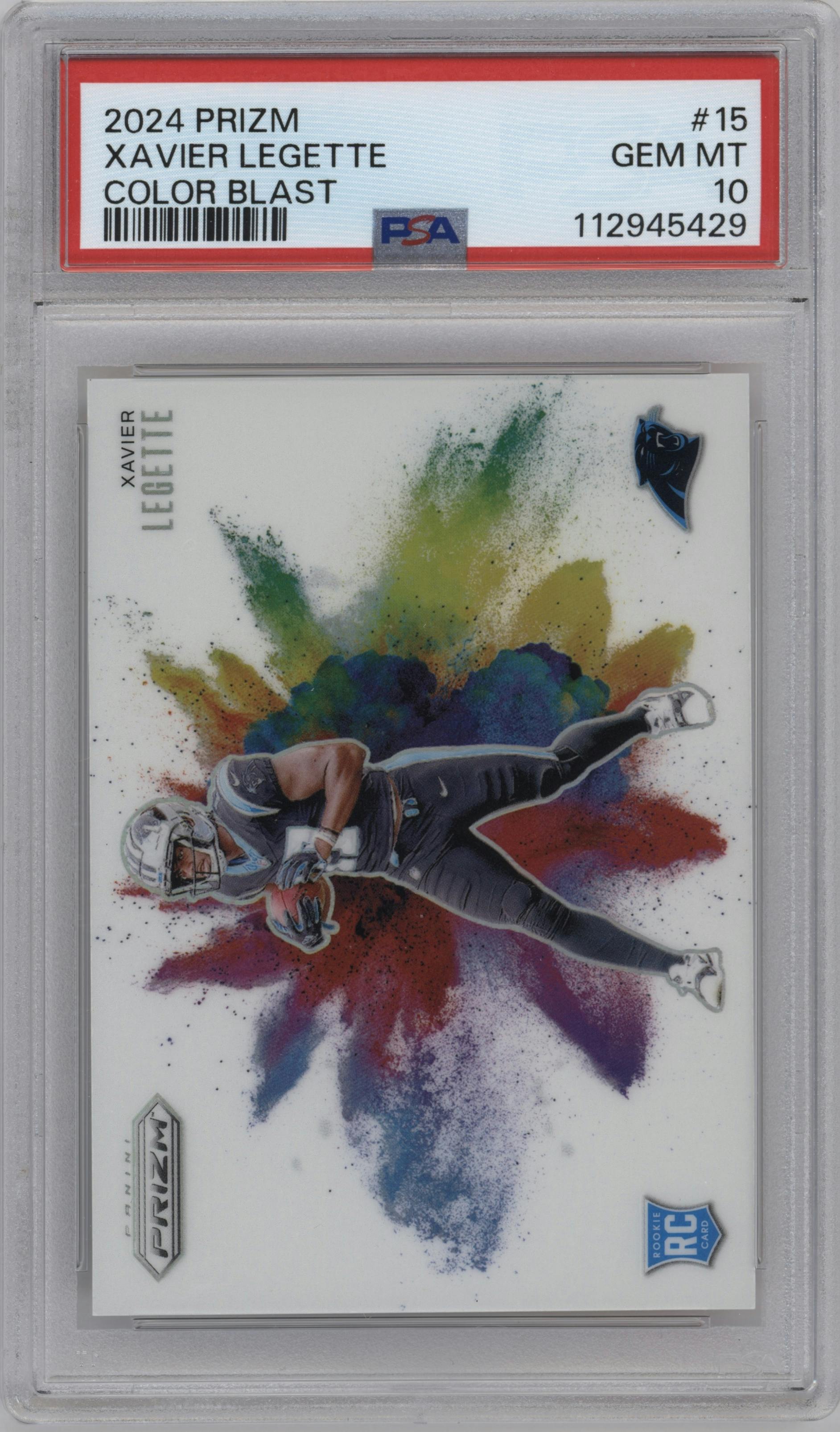 Xavier Legette from the 2024 Panini Prizm set graded by PSA and given an overall grade of 10.