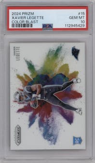 Xavier Legette from the 2024 Panini Prizm set graded by PSA and given an overall grade of 10.