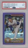 Yoshinobu Yamamoto from the 2024 Topps Chrome Logofractor set featuring a Purple MLB Refractor parallel graded by PSA and given an overall grade of 9.