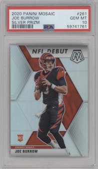 Joe Burrow from the 2020 Panini Mosaic set featuring a Silver parallel graded by PSA and given an overall grade of 10.
