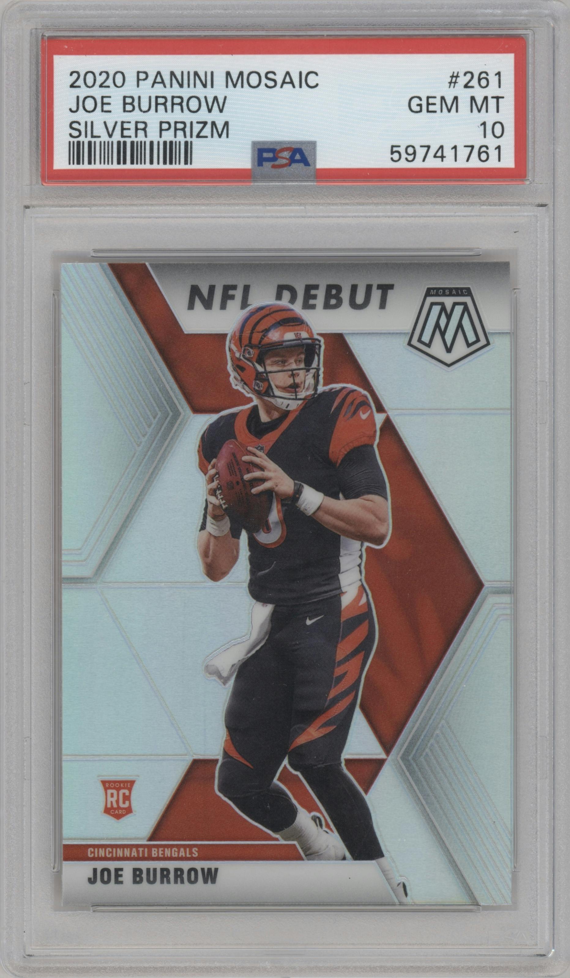 Joe Burrow from the 2020 Panini Mosaic set featuring a Silver parallel graded by PSA and given an overall grade of 10.