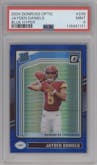 Jayden Daniels from the 2024 Donruss Optic set featuring a Hyper Blue parallel graded by PSA and given an overall grade of 9.