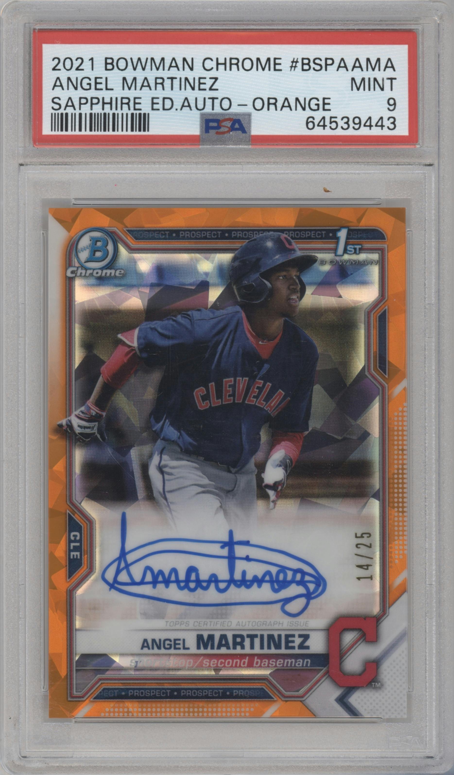 Angel Martinez from the 2021 Bowman Sapphire Edition set featuring a Orange parallel graded by PSA and given an overall grade of 9.
