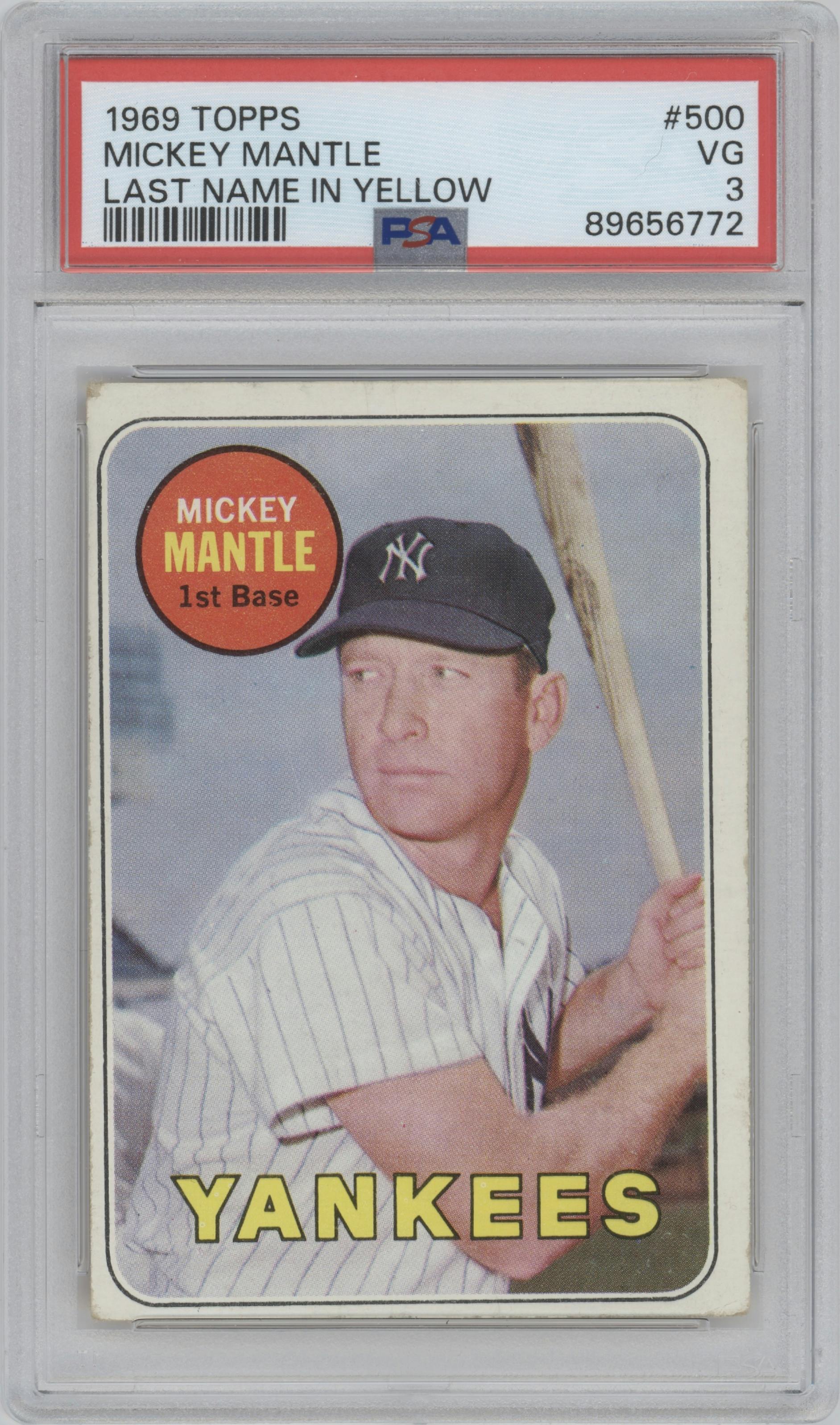 Mickey Mantle from the 1969 Topps set featuring a Last Name in Yellow parallel graded by PSA and given an overall grade of 3.