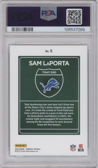 Sam LaPorta from the 2024 Donruss set graded by PSA and given an overall grade of 9.