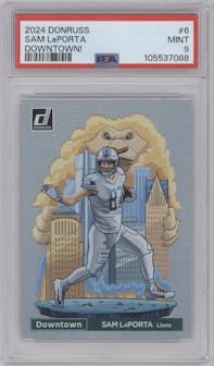 Sam LaPorta from the 2024 Donruss set graded by PSA and given an overall grade of 9.