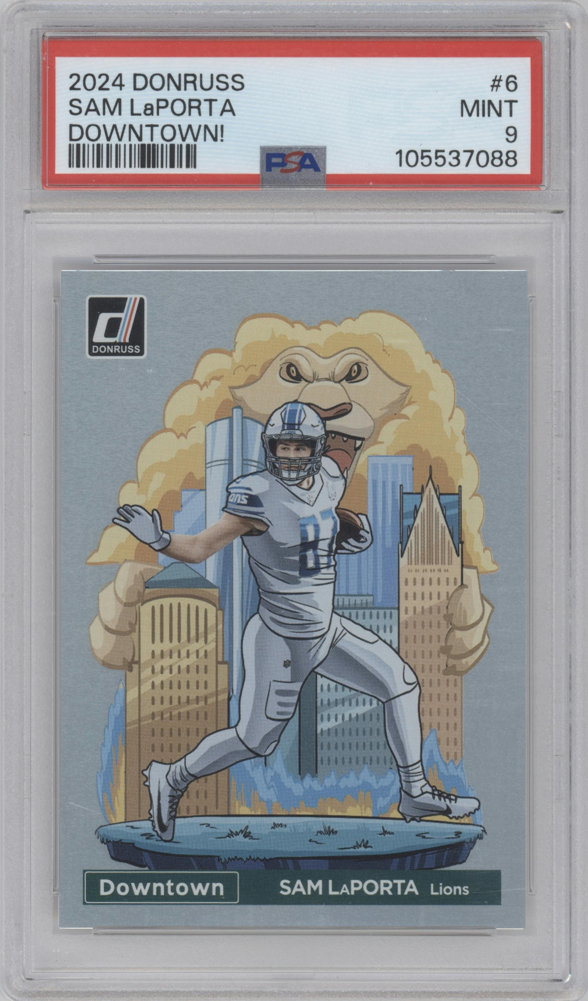 Sam LaPorta from the 2024 Donruss set graded by PSA and given an overall grade of 9.