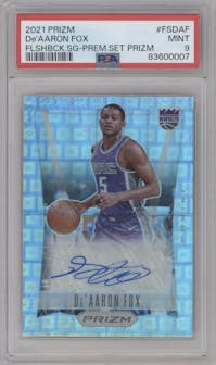 De'Aaron Fox from the 2021-22 Panini Prizm  set featuring a Premium Set parallel graded by PSA and given an overall grade of 9.