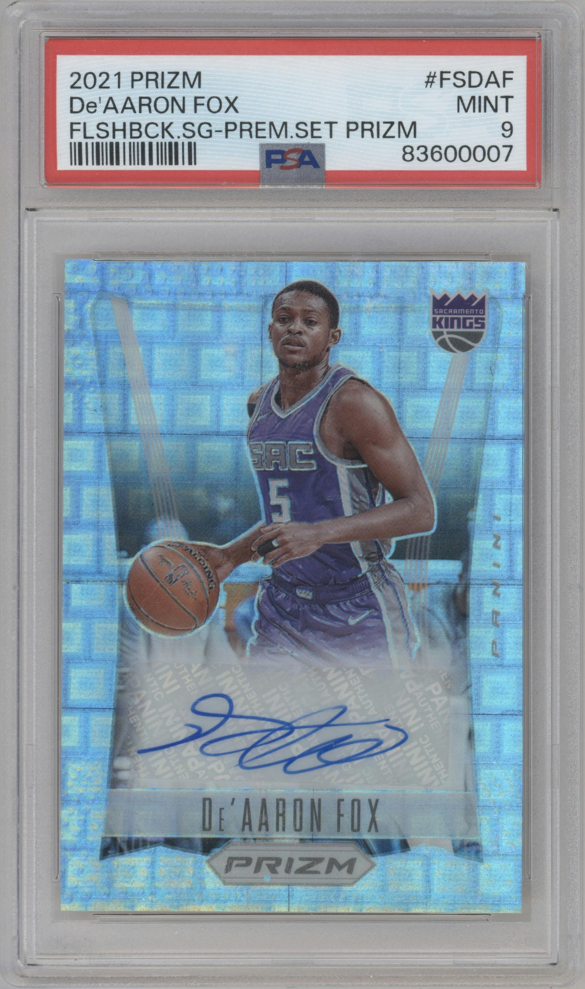 De'Aaron Fox from the 2021-22 Panini Prizm  set featuring a Premium Set parallel graded by PSA and given an overall grade of 9.
